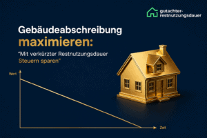 Goldene Hausmodell mit Diagramm zur Gebäudeabschreibung und Steuerersparnis.